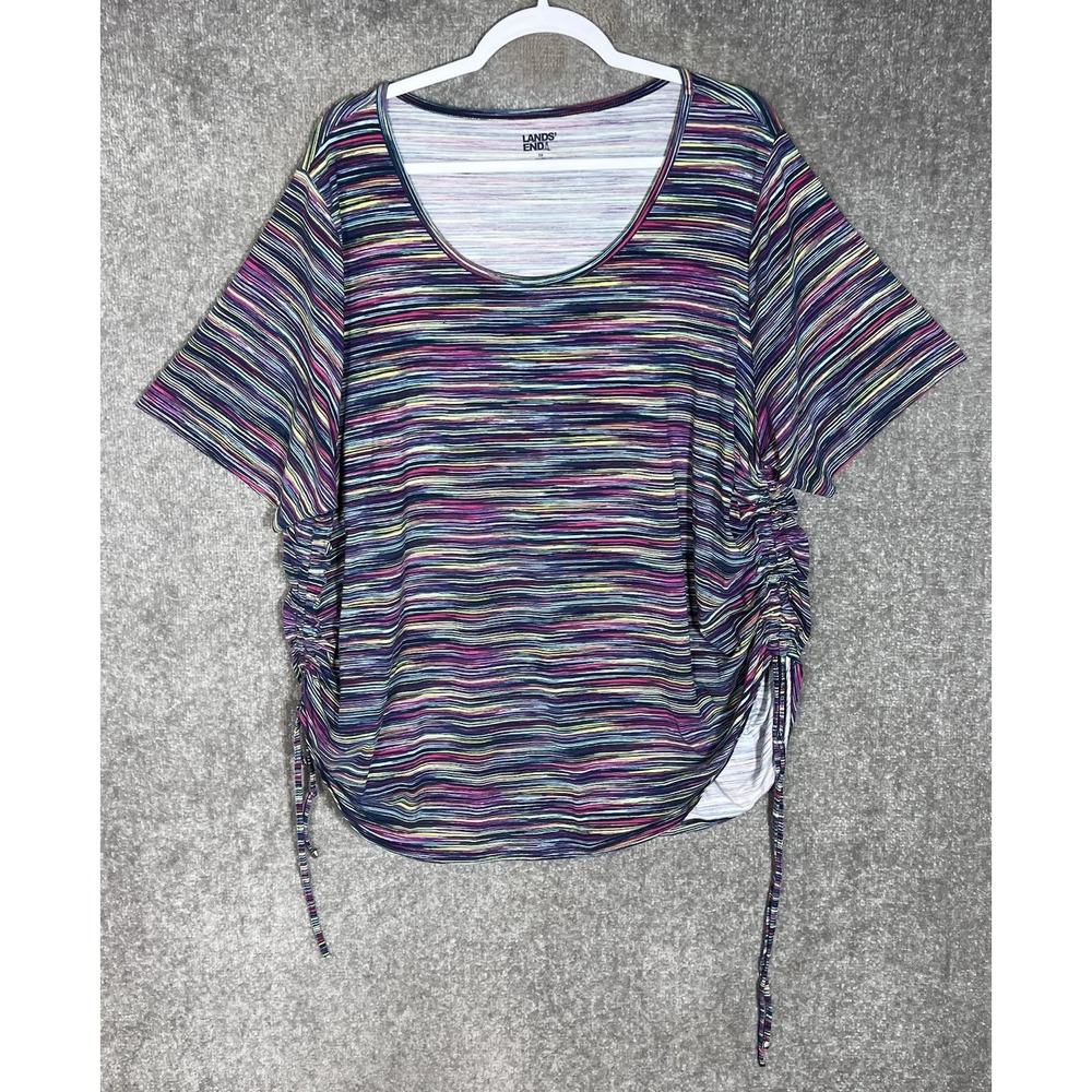 Lands End Spacedye Ruched Top Womens Size 3X Pink Blue Scoop Neck Short Sleeve
